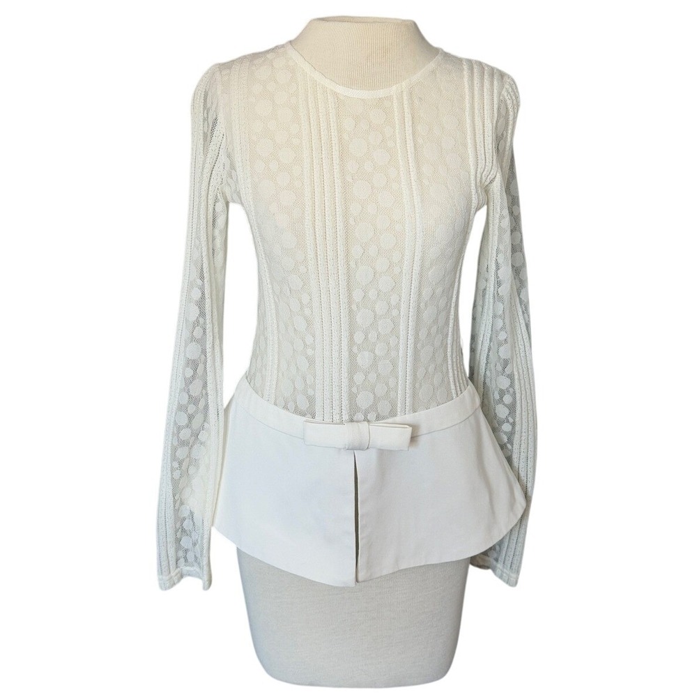 Gracia White Lace Peplum Top Bow Long Sleeve Sheer Small Elegant Coquette